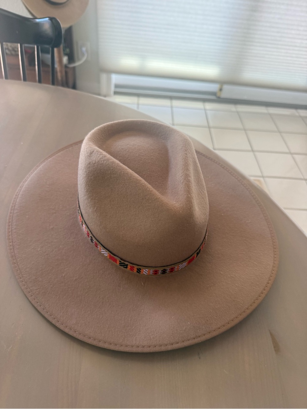 Olive & Pique Wide-Brim Felt Fedora Hat in Beige with Embroidered Band